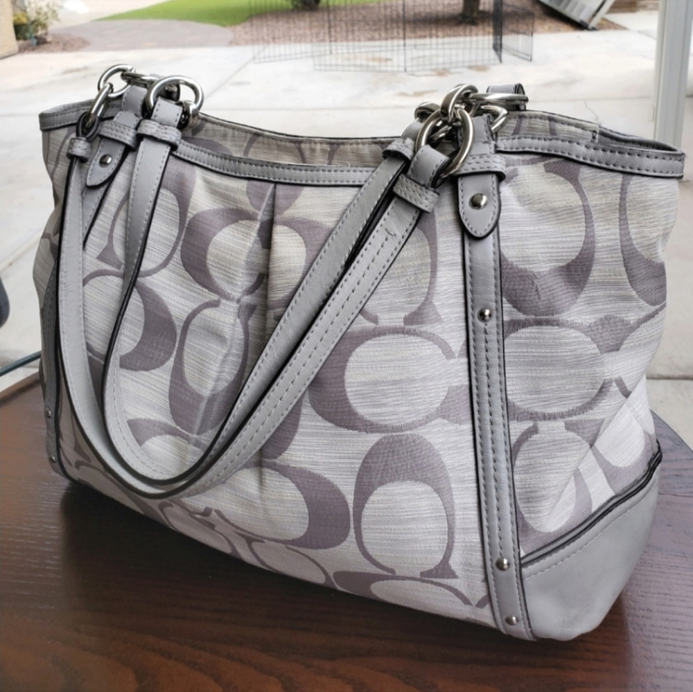 Coach Signature F21919 Alexandra Chain Canvas Leather Gray Shoulder Tote Bag Med - Picture 3 of 16